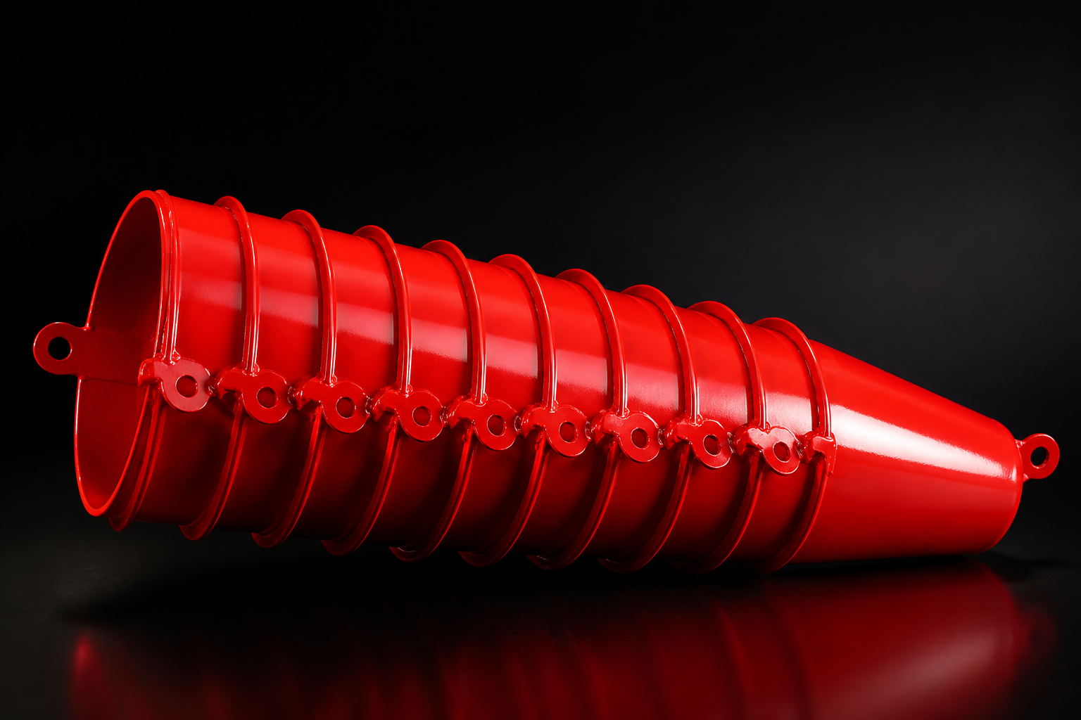 High-gloss red powder coated tapered cylinder