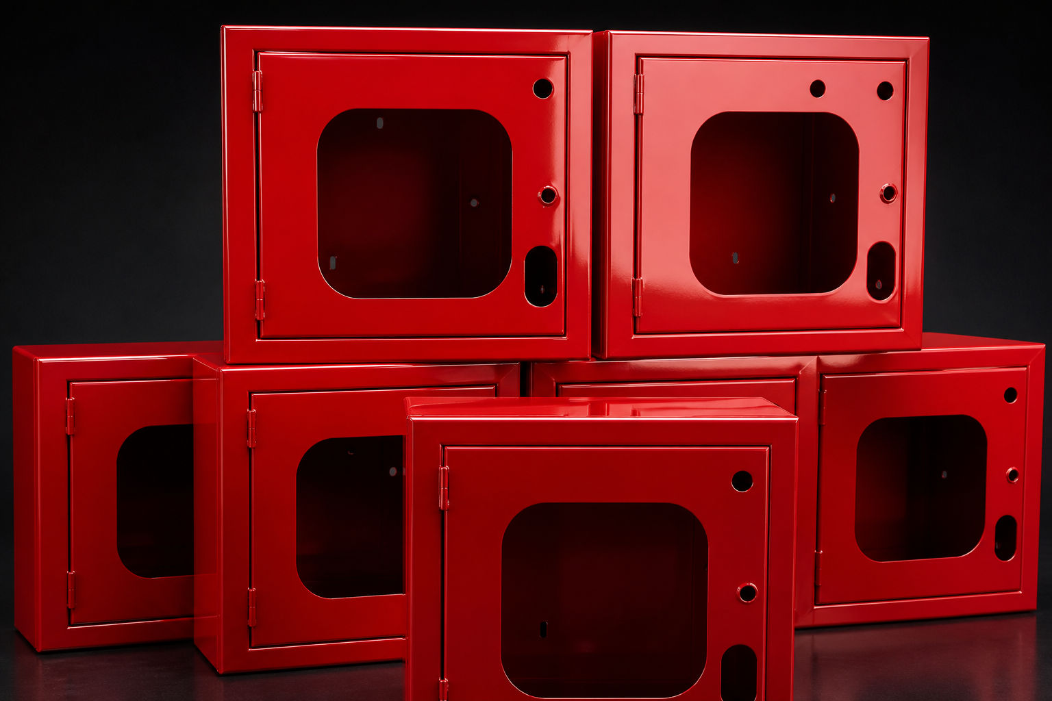 High-gloss red powder coated enclosure doors